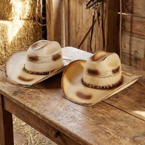 Leopard Print Leather Band Distressed 2-Tone Western Straw Cowboy Hat